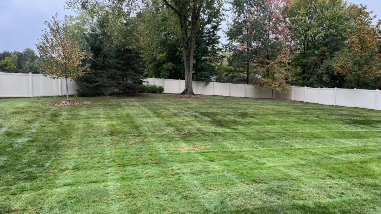 A well-maintained green lawn bordered by a white fence. Several trees with autumn-colored leaves are visible along the fence line, providing a scenic backdrop. The grass is neatly mowed with visible stripes, indicating recent maintenance.