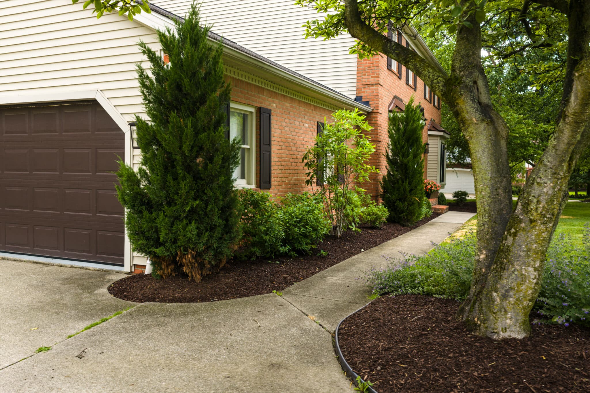 A well-maintained suburban house with a red brick exterior and attached garage. The front yard features a concrete pathway lined with bushes and trees, including evergreens and a deciduous tree. Mulch is neatly laid around the plants, enhancing the garden's appearance. The overall setting is green and lush, suggesting a well-kept property.